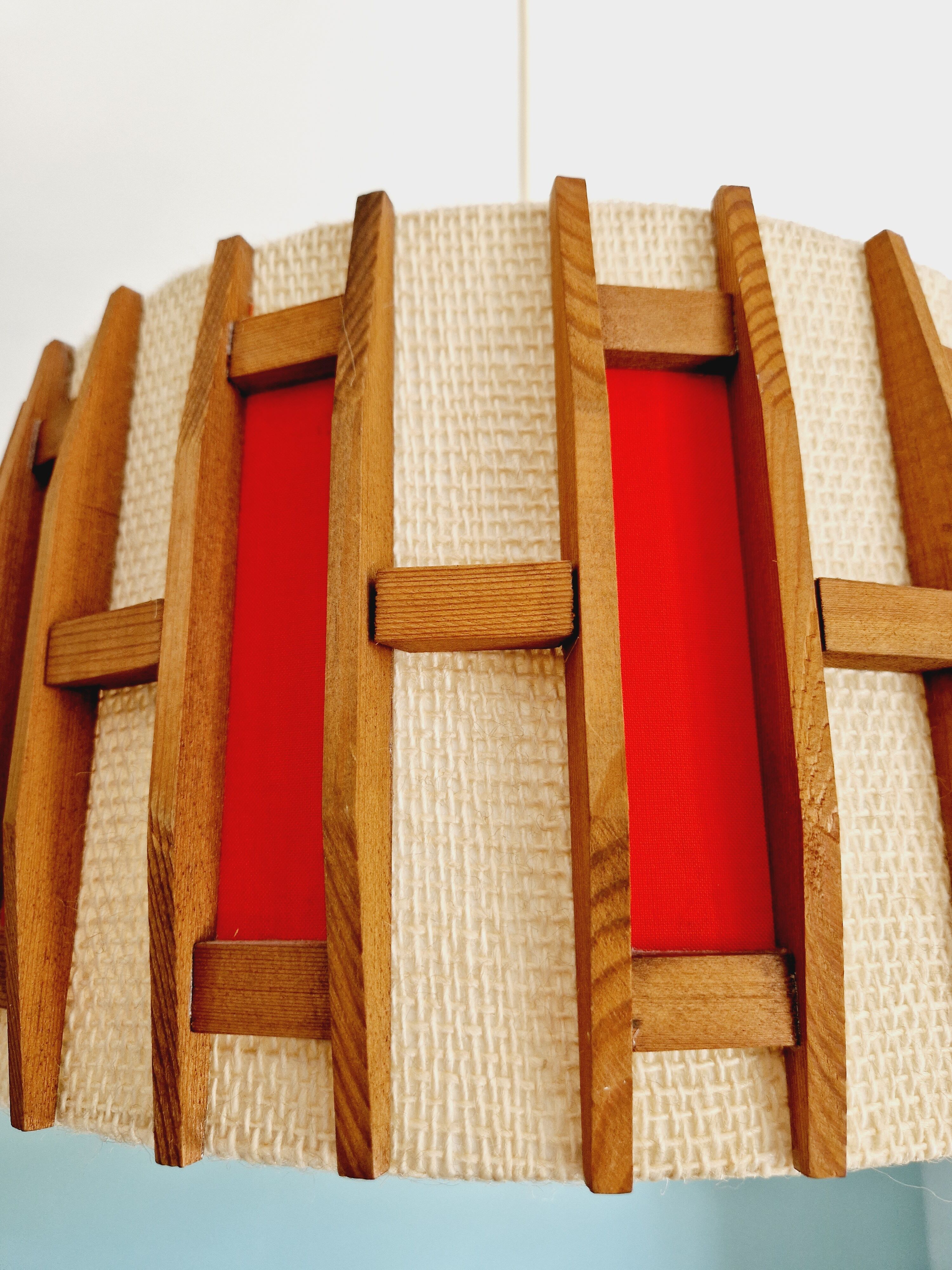 Scandinavian pendant lamp in teak and burlap, 60s