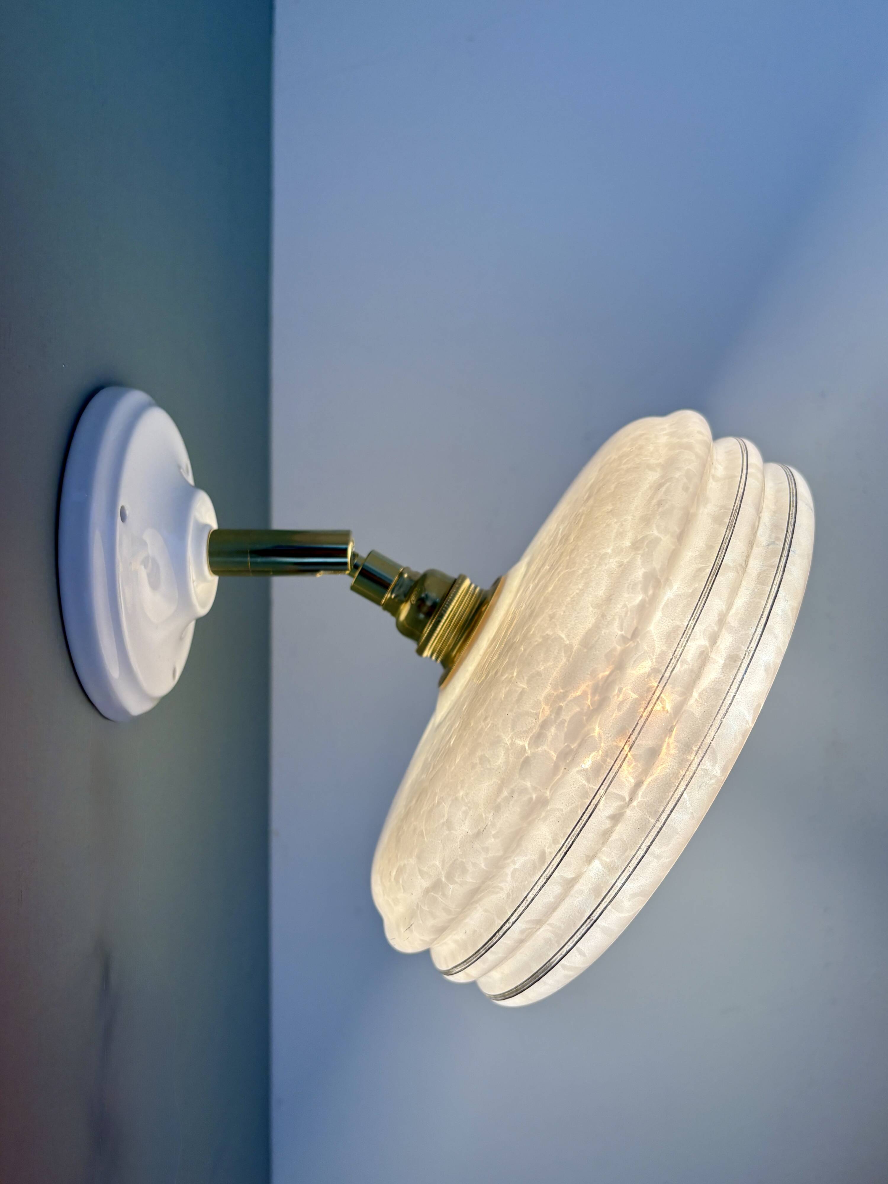 Vintage wall lamp with pink Clichy glass shade and silver edging