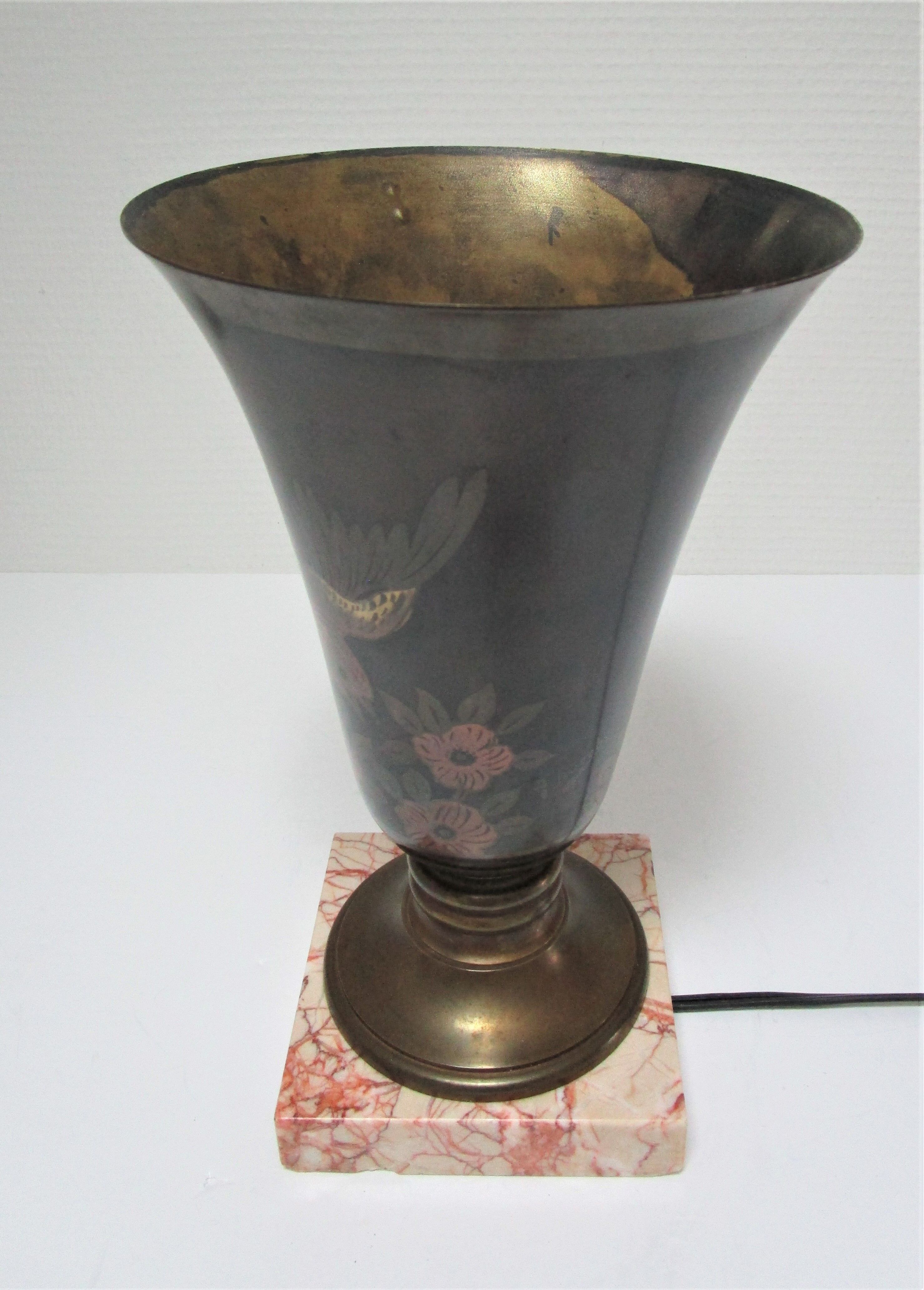 Lampe vasque art déco métal et marbre signée a.ducobu décor fleurs oiseau