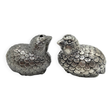 Pair of silver-plated metal bird salt and pepper shakers