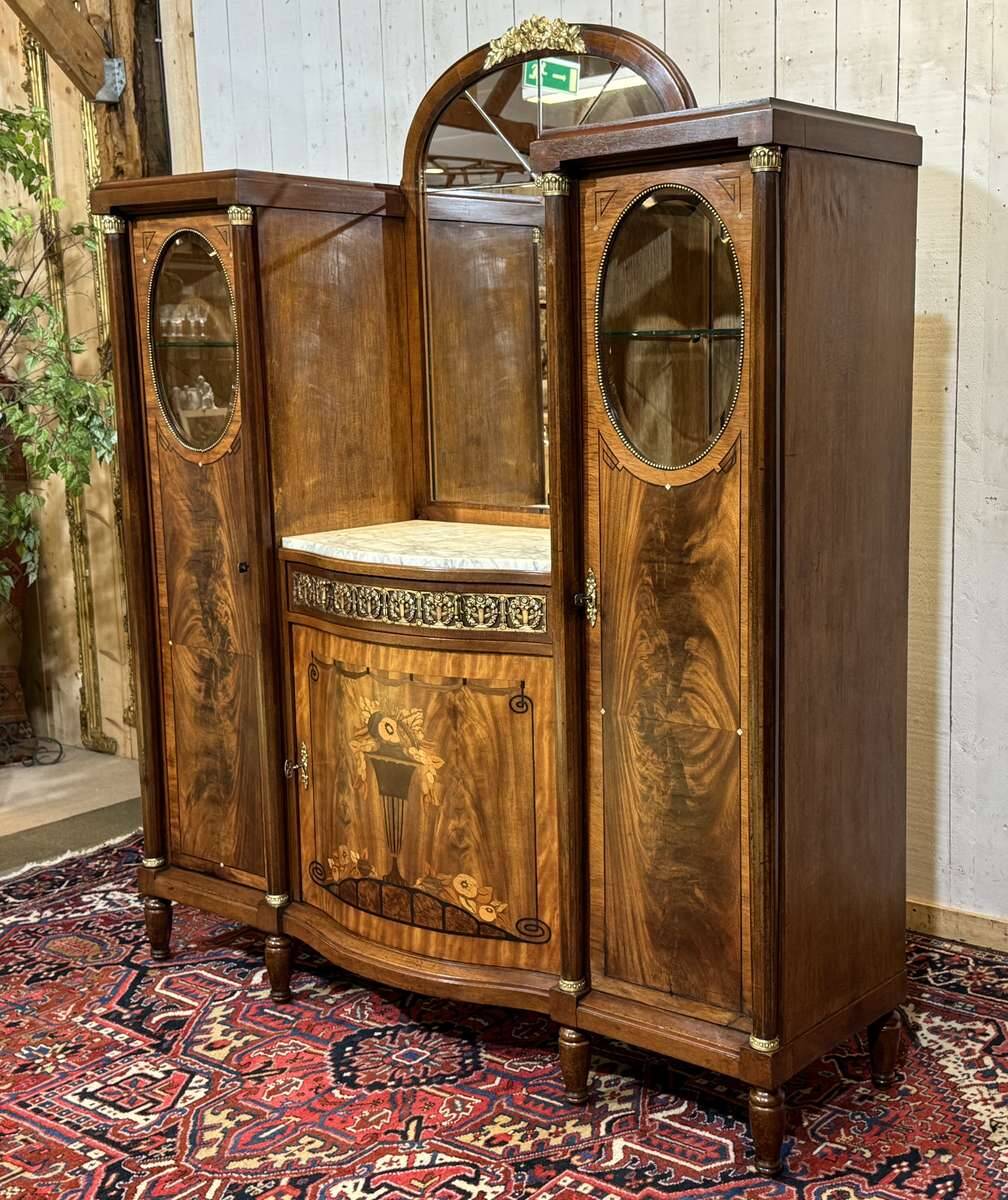Art Deco buffet in mahogany, oak, and marble top.