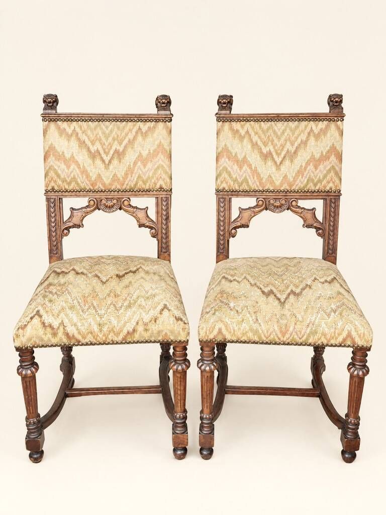 Pair of Dining Chairs, Pair of Carved Gothic Chairs, Renaissance Chairs set