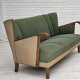 Canapé danois 3 places des années 1950, tissu en laine d'ameublement vert/beige, bois de chêne.
