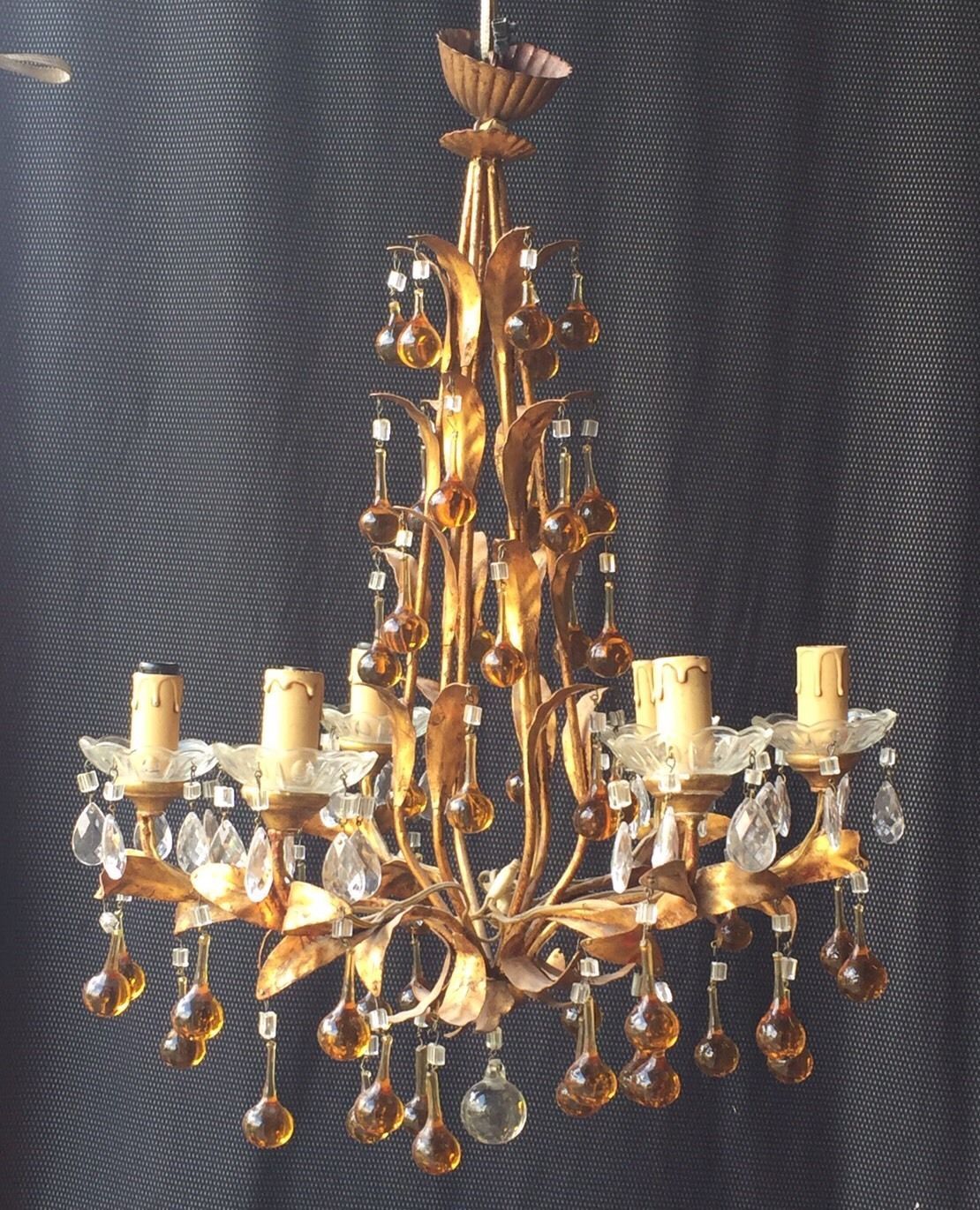 Chandelier 6 lights tassels color and frame foliage gold metal
