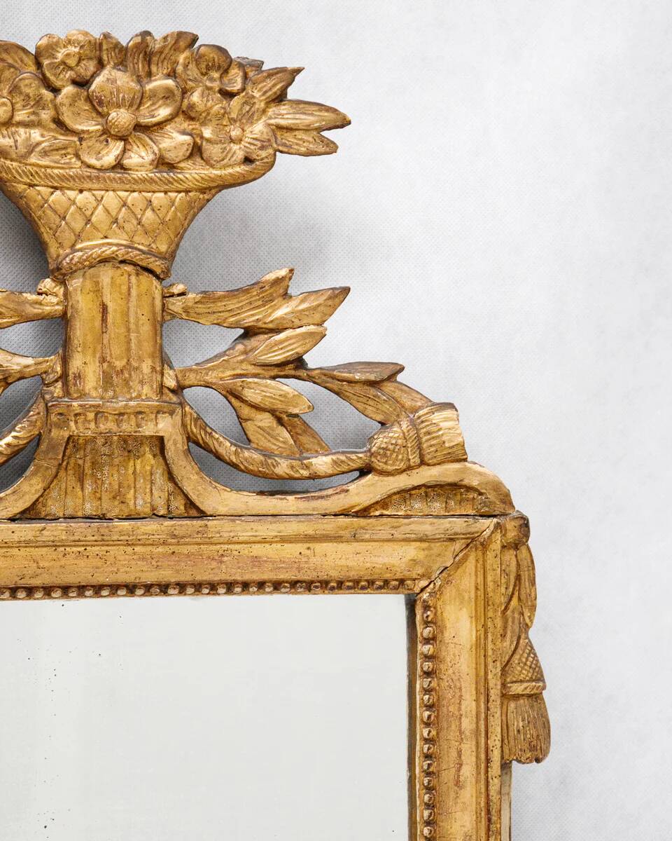 Small French Louis XVI marriage mirror with basket and tassels