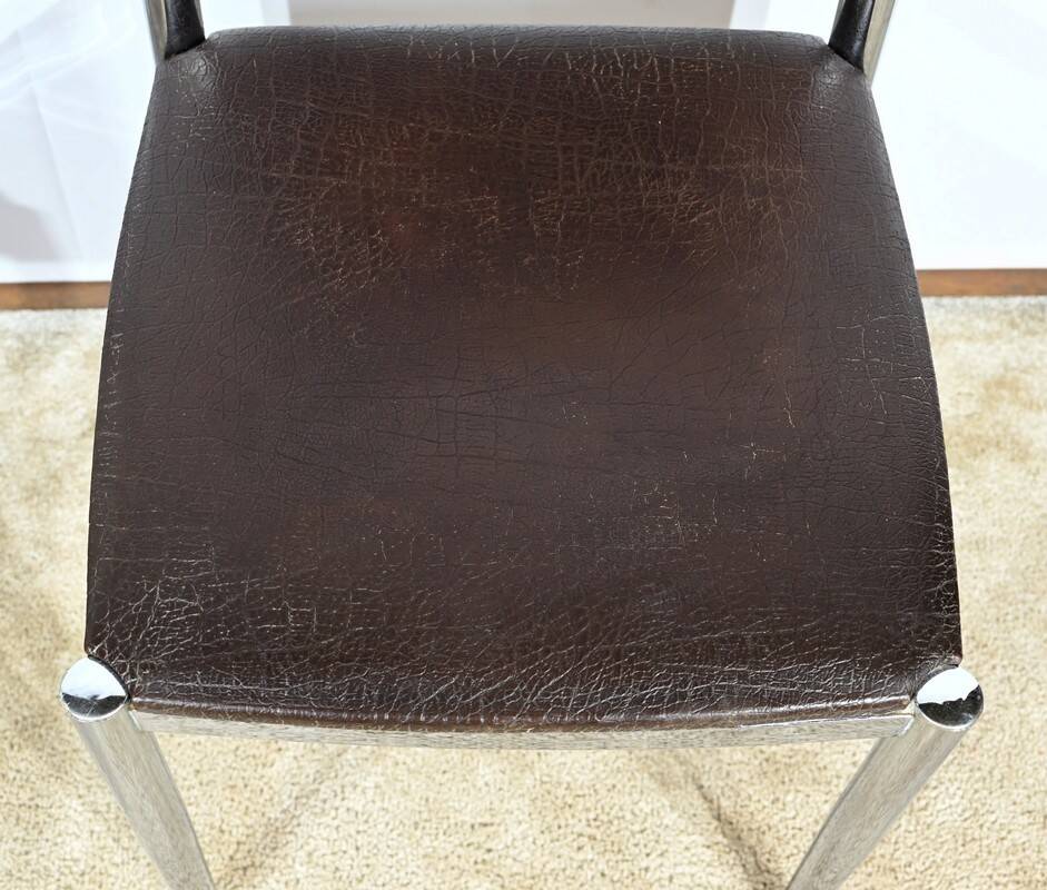 Suite of 3 Leather and Chrome Metal Chairs, attributed to Collomb Creation – 1970