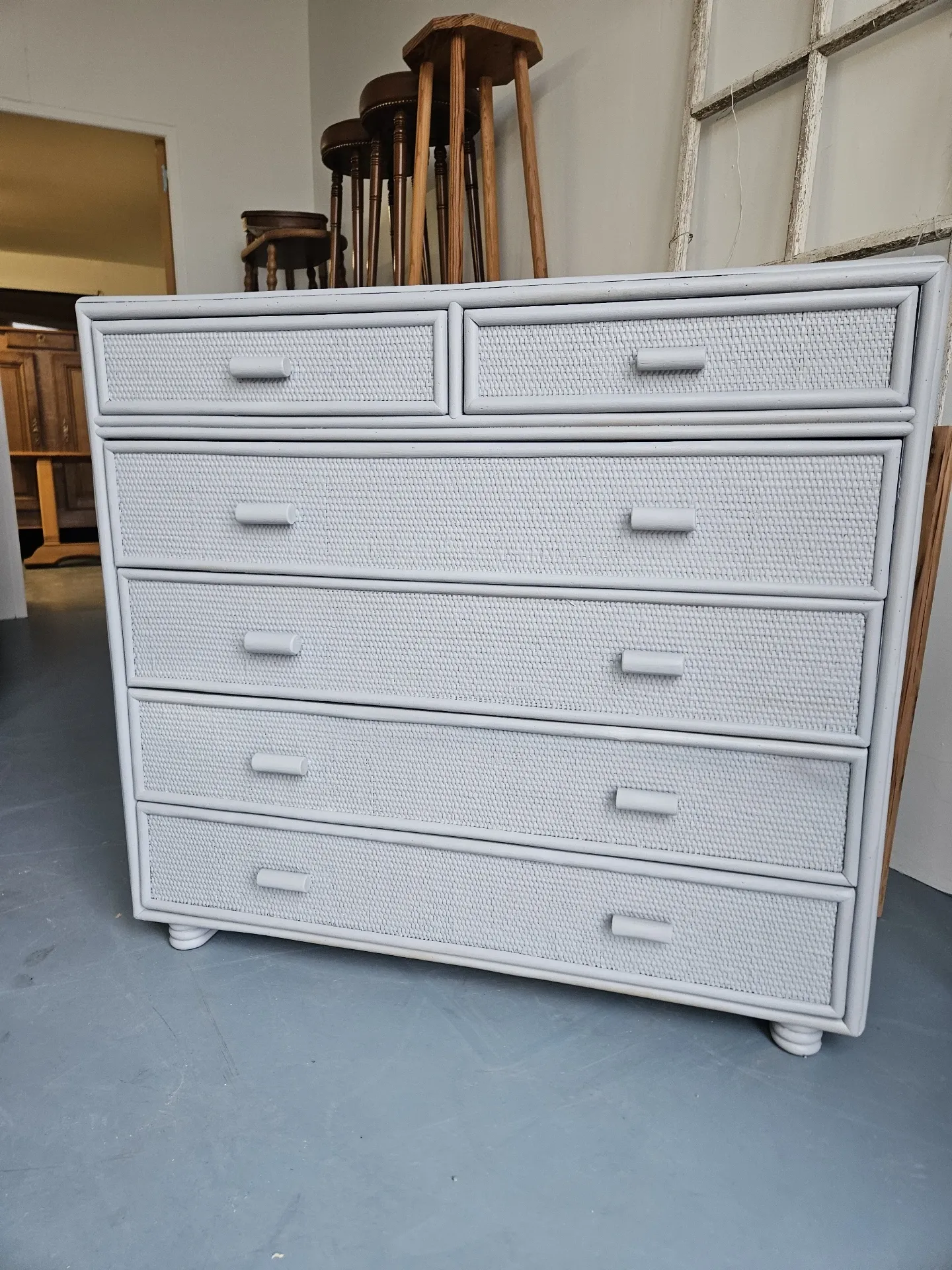 Vintage grey wood and rattan chest of drawers
