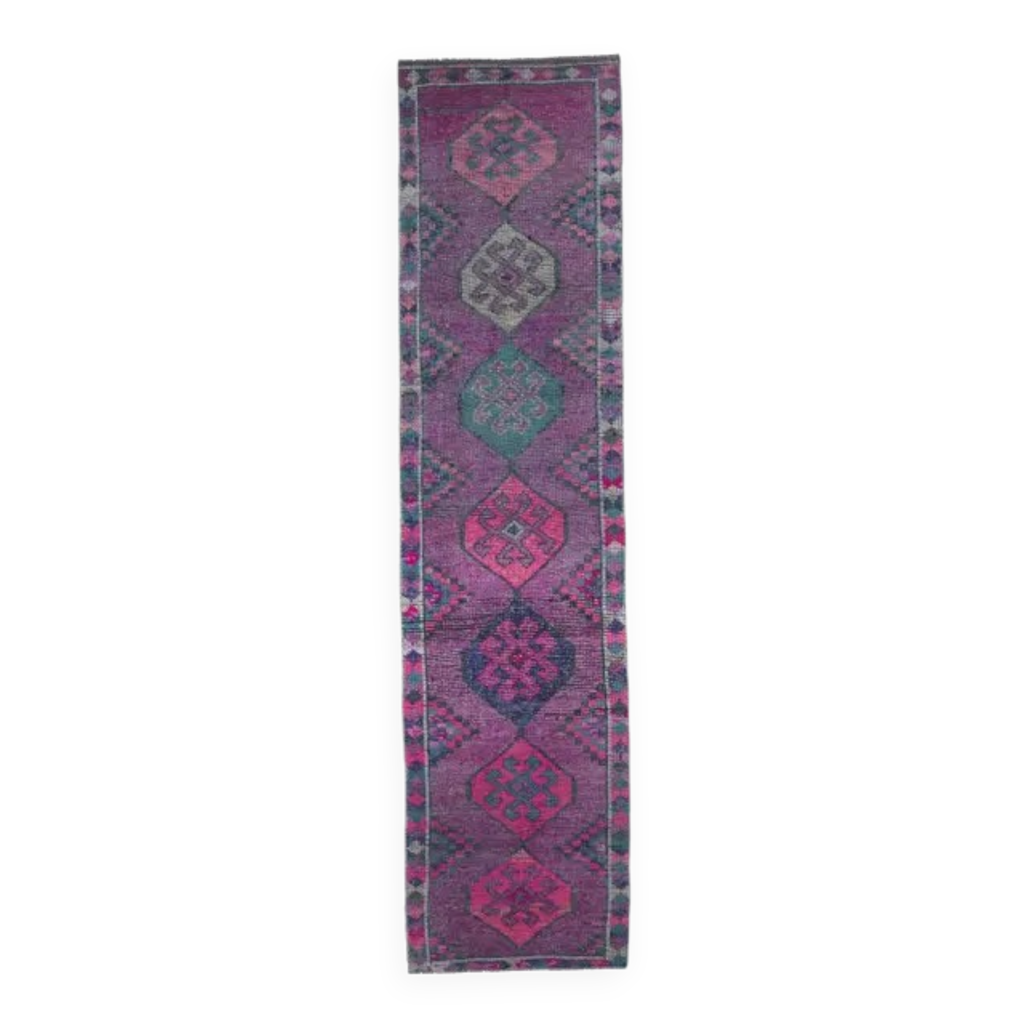 Vintage Purple Pink Natural Turkish Hand-Knotted Runner 82x355