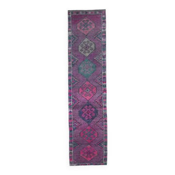 Vintage Purple Pink Natural Turkish Hand-Knotted Runner 82x355