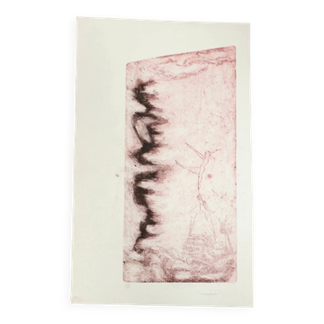 Etching in red – dancer above flames and waves, M. Schneider 1973