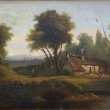 Painting Barbizon "animated landscape" HST XIX° century for restoration