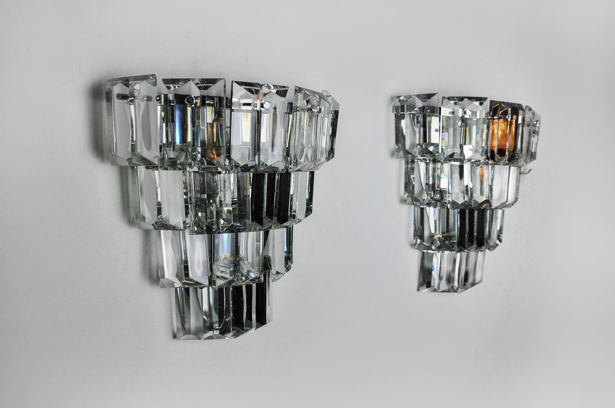 Pair of kinkeldey wall lamps, 4 levels, cut crystals germany, 1970
