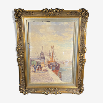 Tableau Aquarelle Marine "Quai à Bruxelles"par Emile Lhernault, Halage et Chevaux de Trait ca 1910