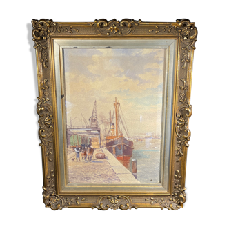 "Quai à Bruxelles" by Emile Lhernault, Tableau Aquarelle Marine, Halage et Chevaux de Trait ca 1910