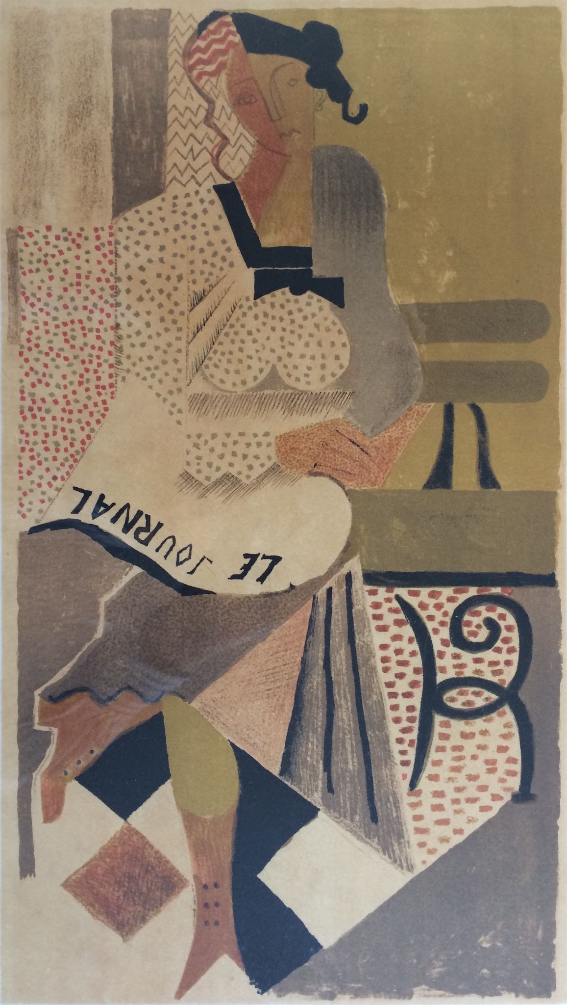 Michel Andrillon The newspaper, a woman sitting on a bench. Signed and framed colour printing