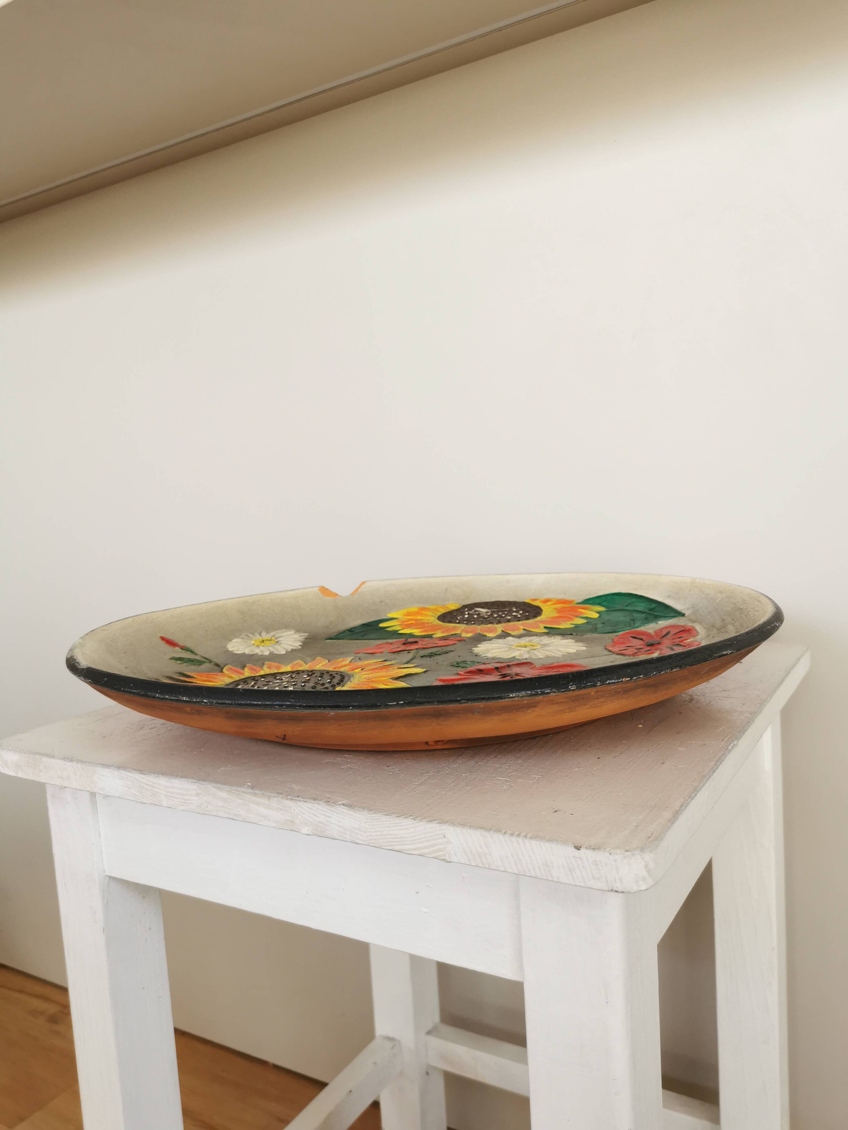 Vintage Hand-Painted Floral Clay Wall Plate - 1970s Yugoslavia