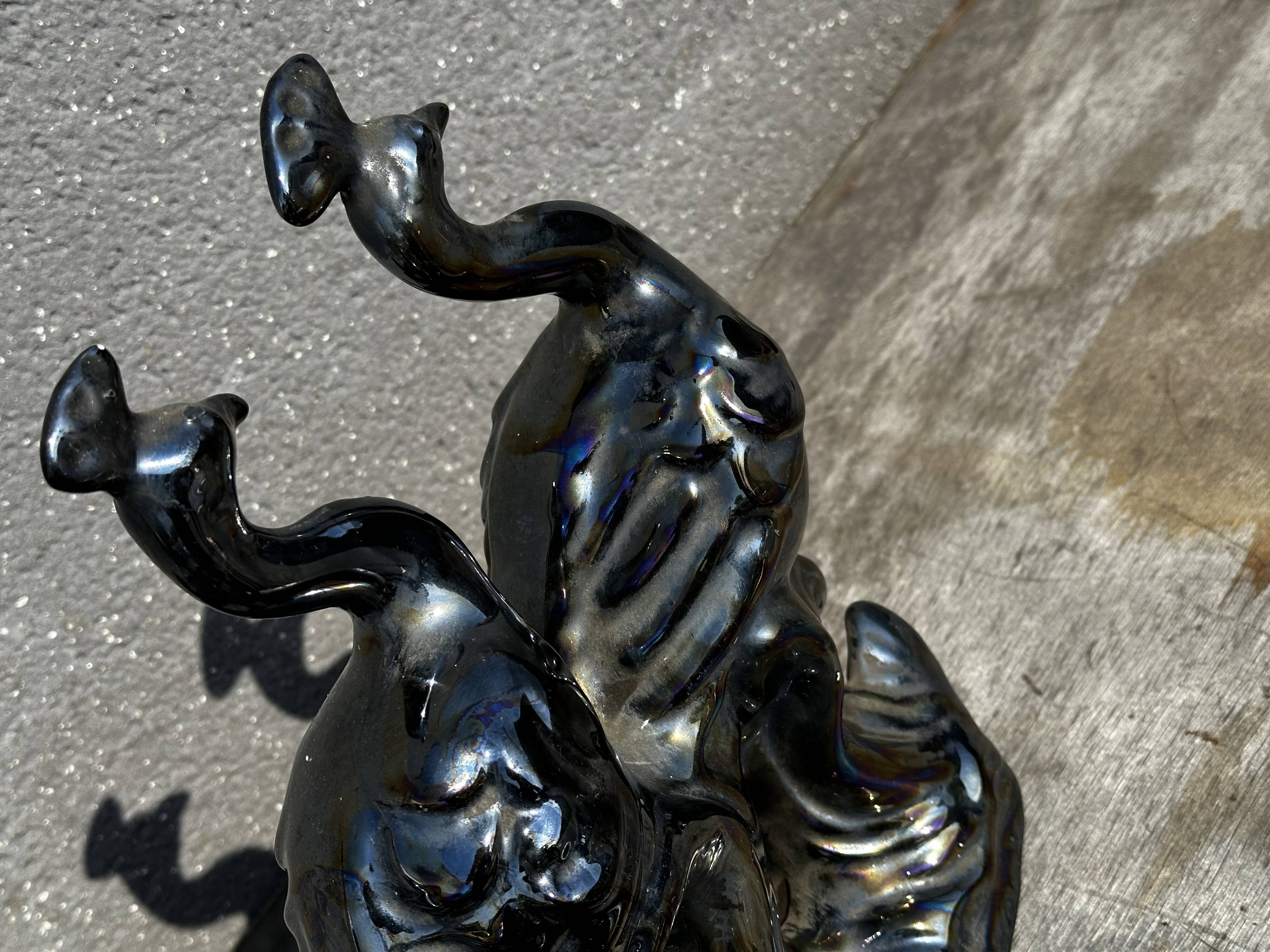 Centerpiece Pair of Peacocks Ceramic Vallauris Iridescent Anthracite Grey