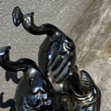 Centerpiece Pair of Peacocks Ceramic Vallauris Iridescent Anthracite Grey