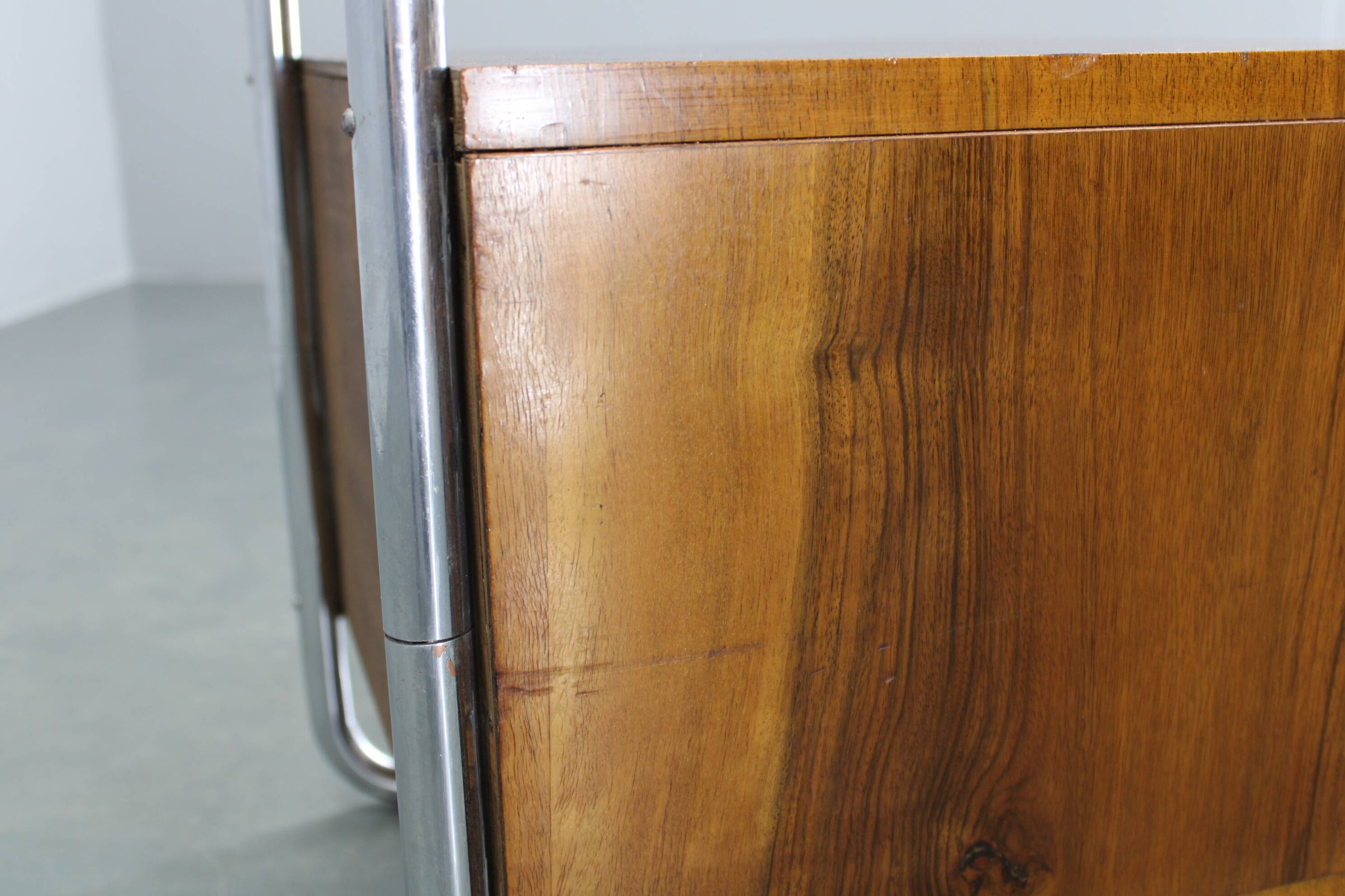 Restored Bauhaus chrome and walnut nightstand, Czechoslovakia 1940s