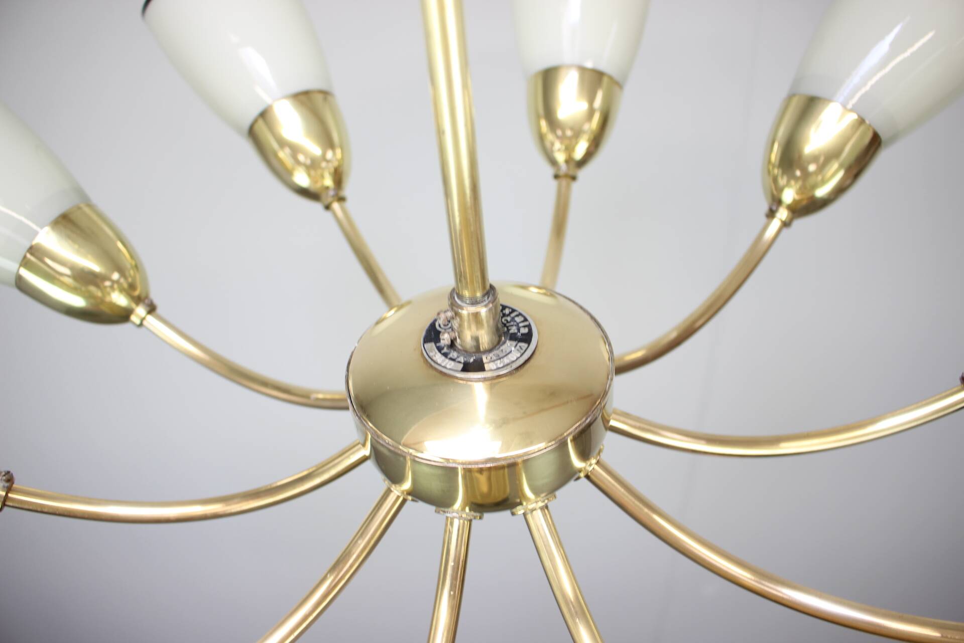 Brass and glass ten-arm chandelier from the mid-century, 1960s.