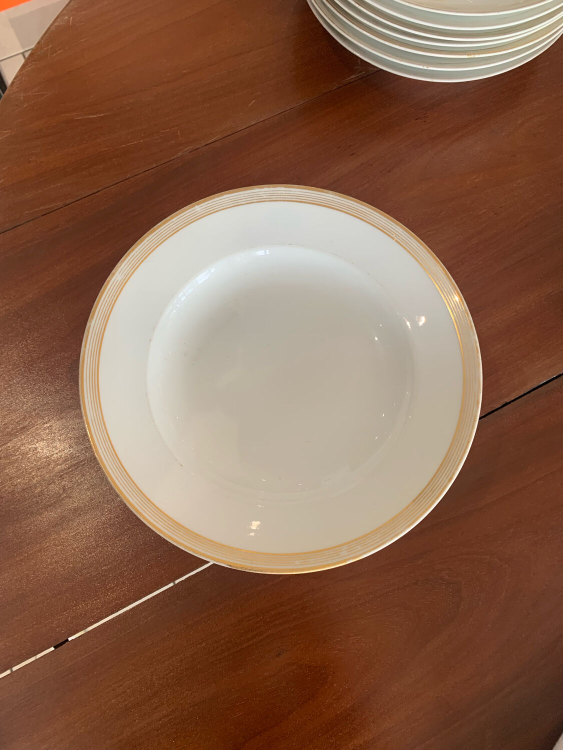 Lot of six soup plates, old, crockery, white, gilded