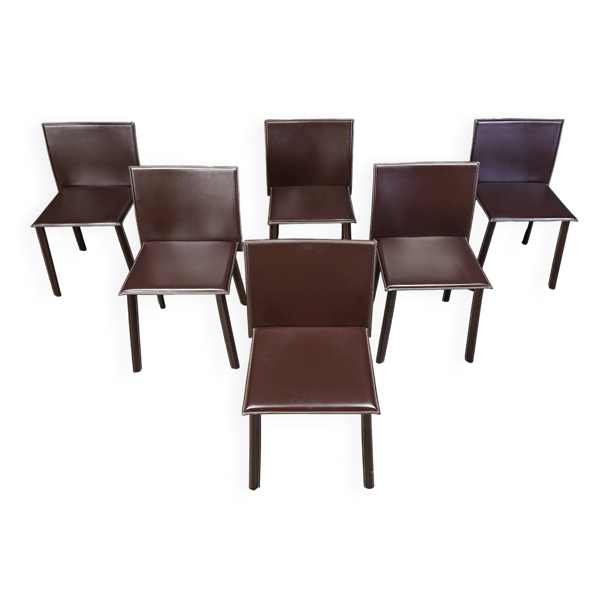 Vintage brown leather dining chairs, set of 6, 1980s