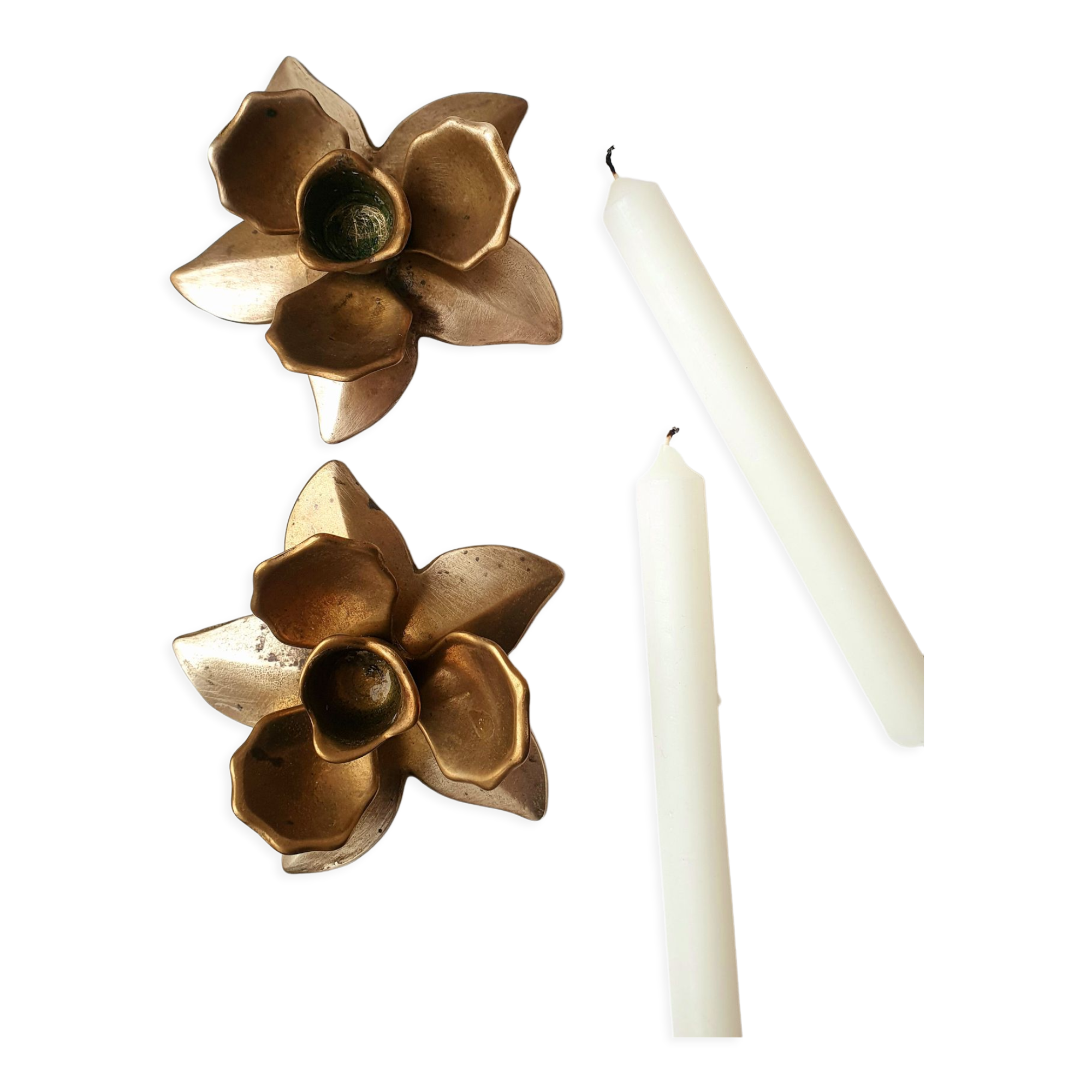 Two brass flower candlesticks