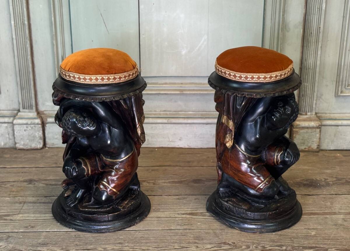 Pair of Nubian stools, polychrome sculptures, Venice circa 1880