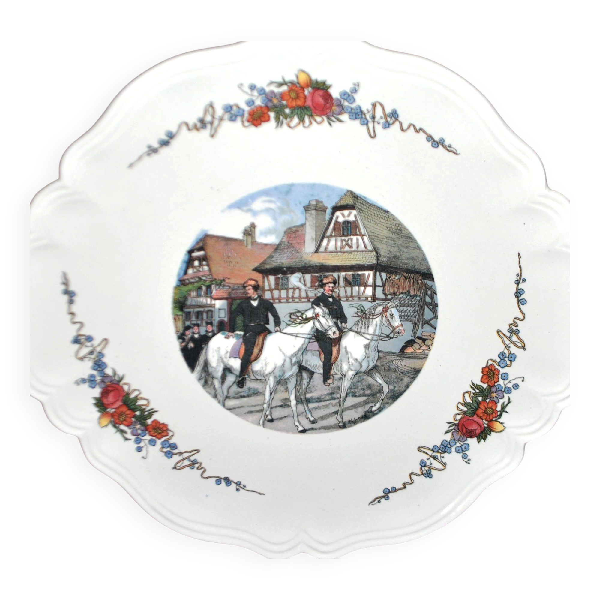 Sarreguemines plate Obernai cut out in earthenware with horsemen decoration Alsace by Loux