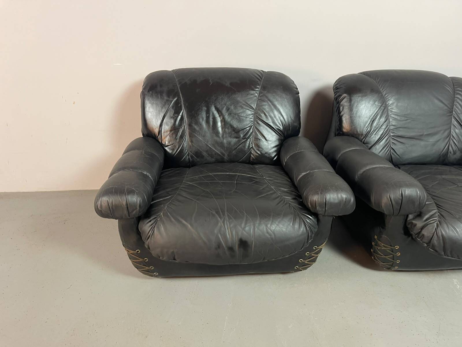 Large Set of Italian Space Age Black Leather Lounge Chairs with Brass