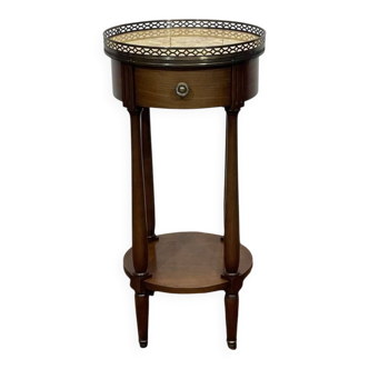 Round cherry wood side table with marble top from the 1970s.