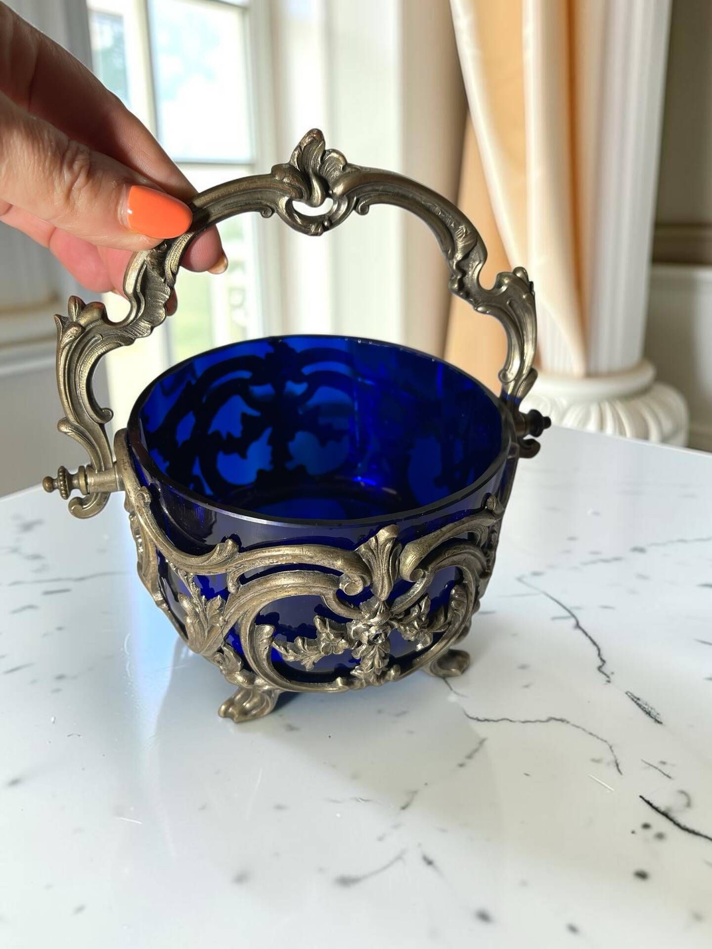Antique cobalt blue glass biscuit barrel with ornate metal – Louis style