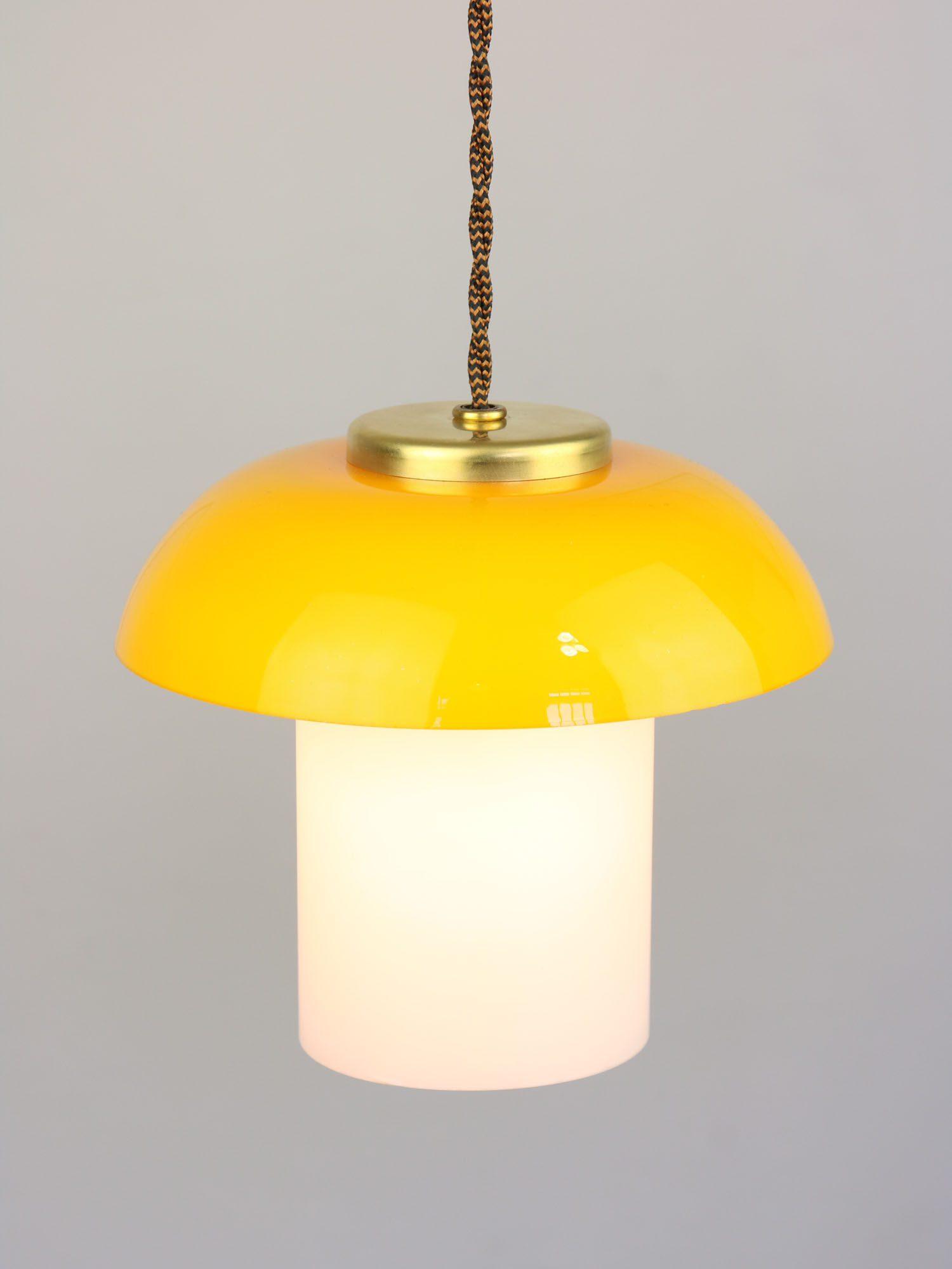 Mid-century yellow glass & brass mushroom pendant lamp