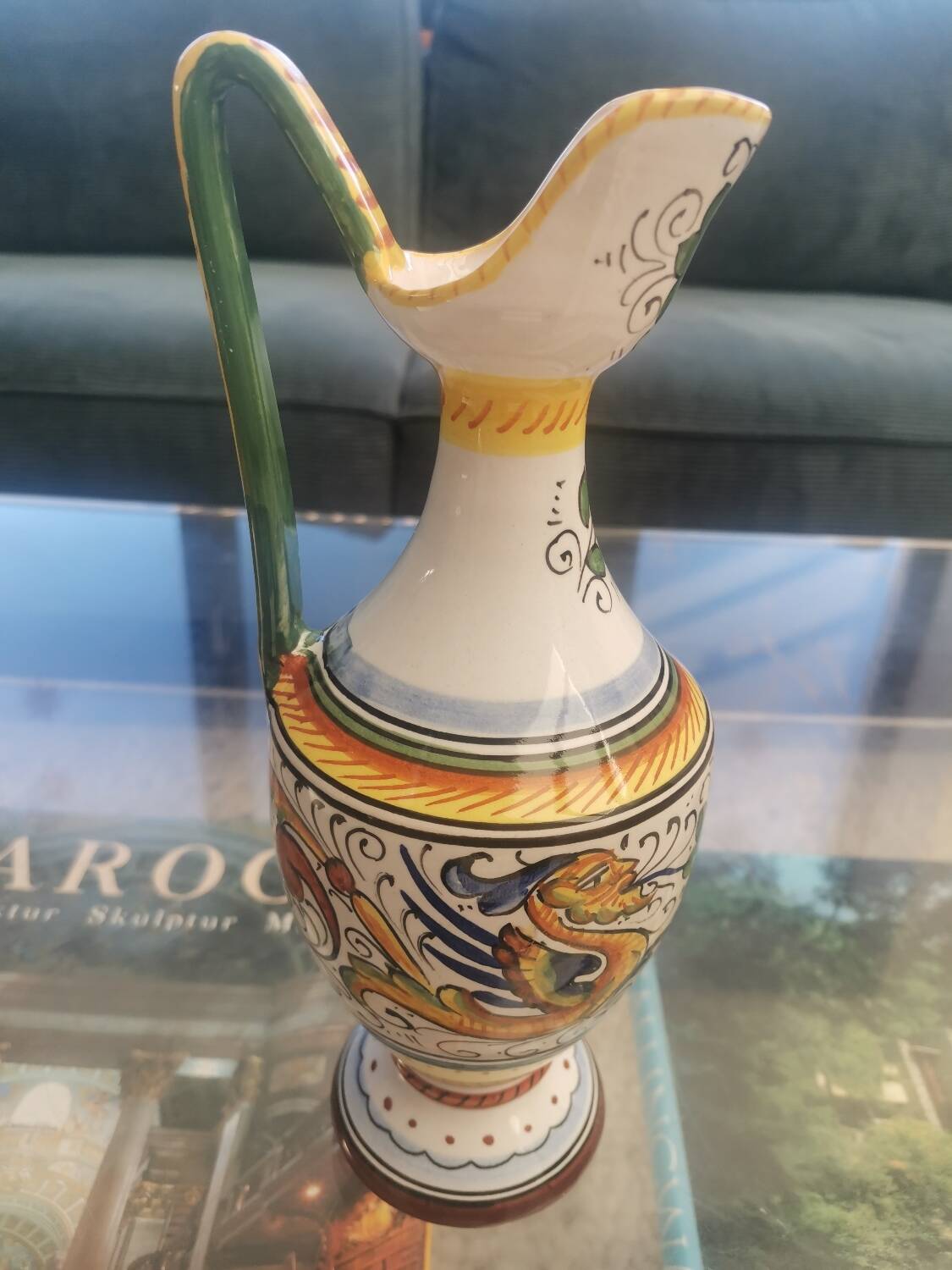 Italian majolica vase jug from Deruta, hand-painted ceramic, signed, 25 cm.