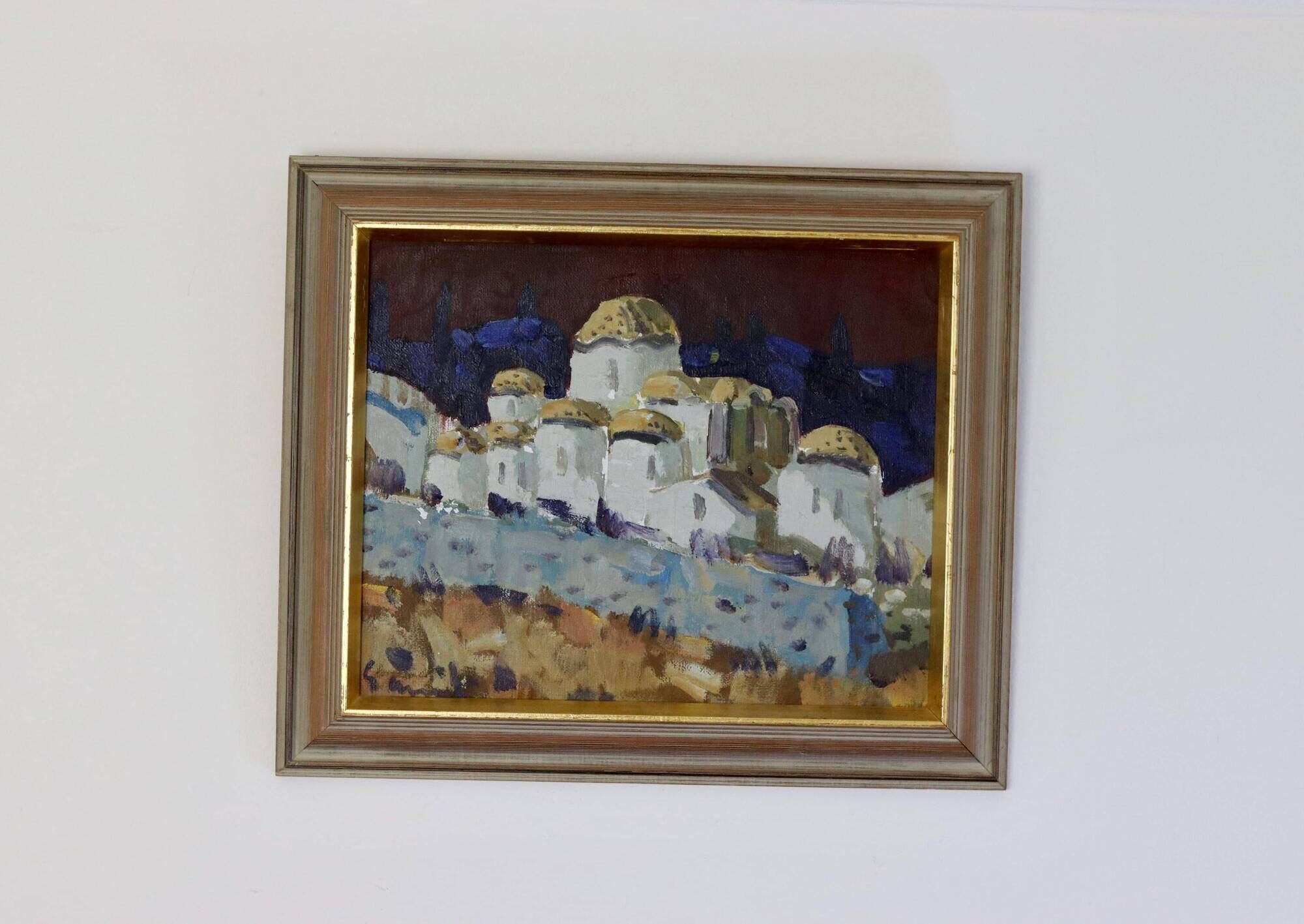 Original Swedish Mid-Century Oil on Canvas “Town” by Tage Garvik Vintage & Framed