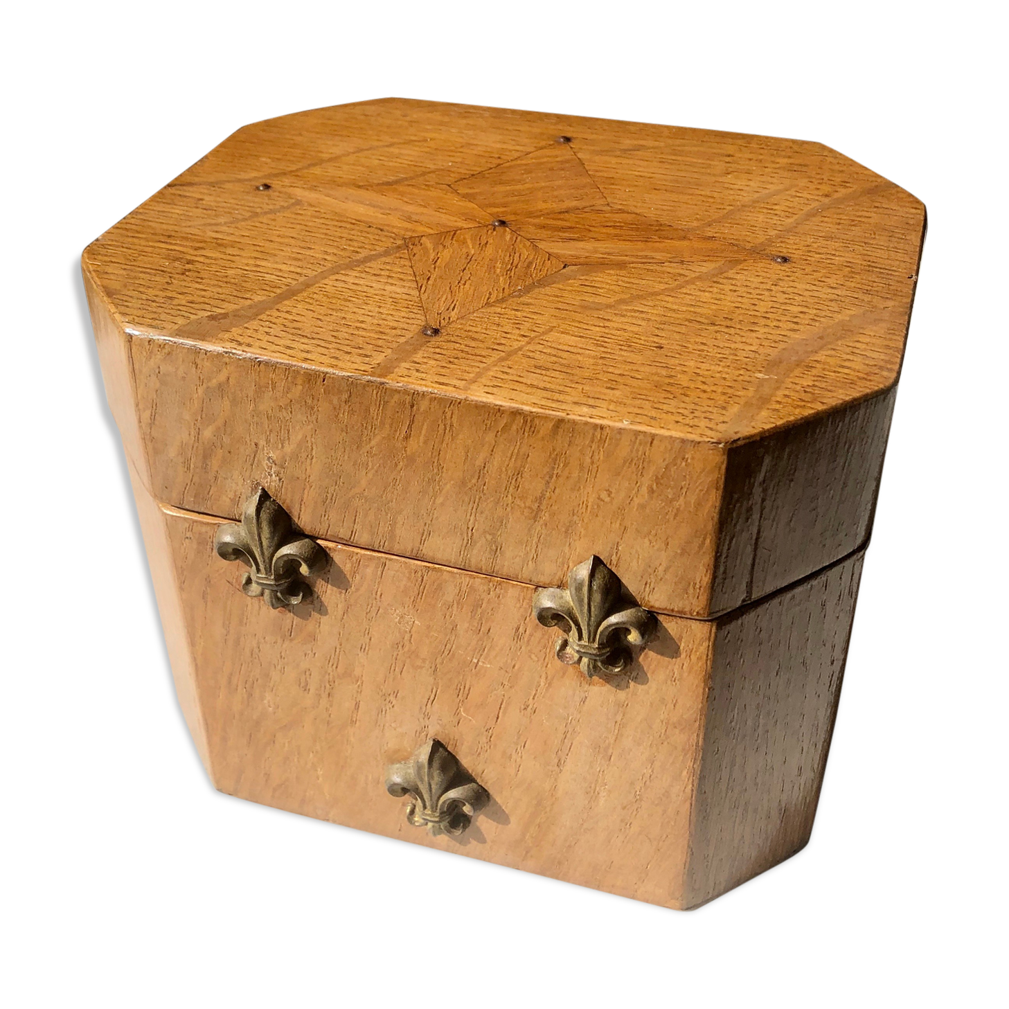 Jewelry box french craft work vintage 60 oak blond lily flower