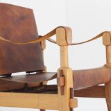 Vintage brutalist wood and cognac leather safari armchair, 1960s