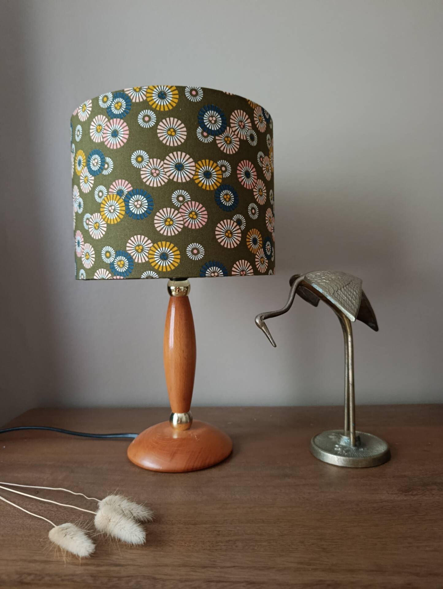 vintage Scandinavian table lamp with turned wood and Japanese lampshade