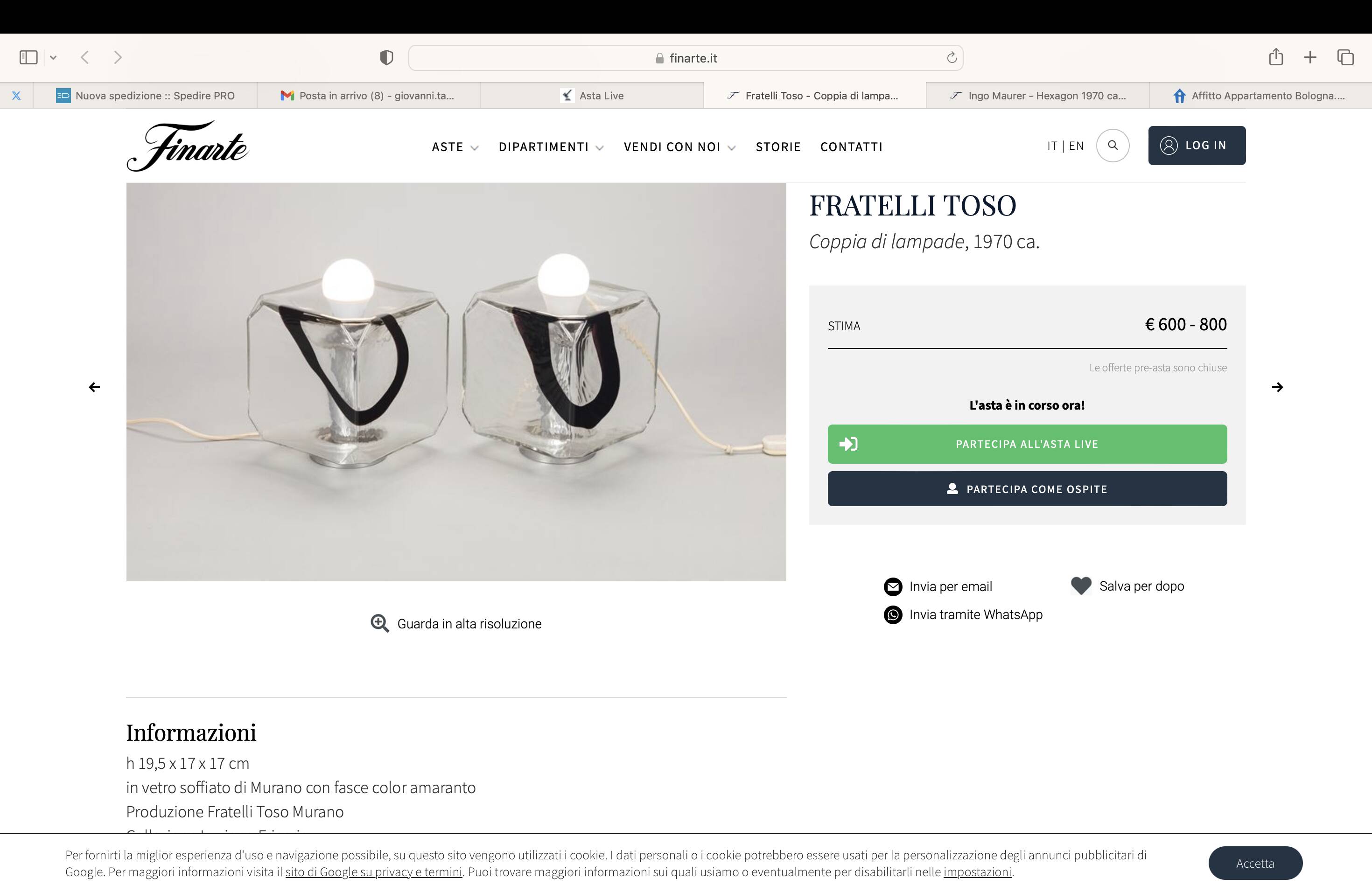 Fratelli Toso, Pair of Murano blown glass lamps, F.lli Toso, Murano Italy 1970s