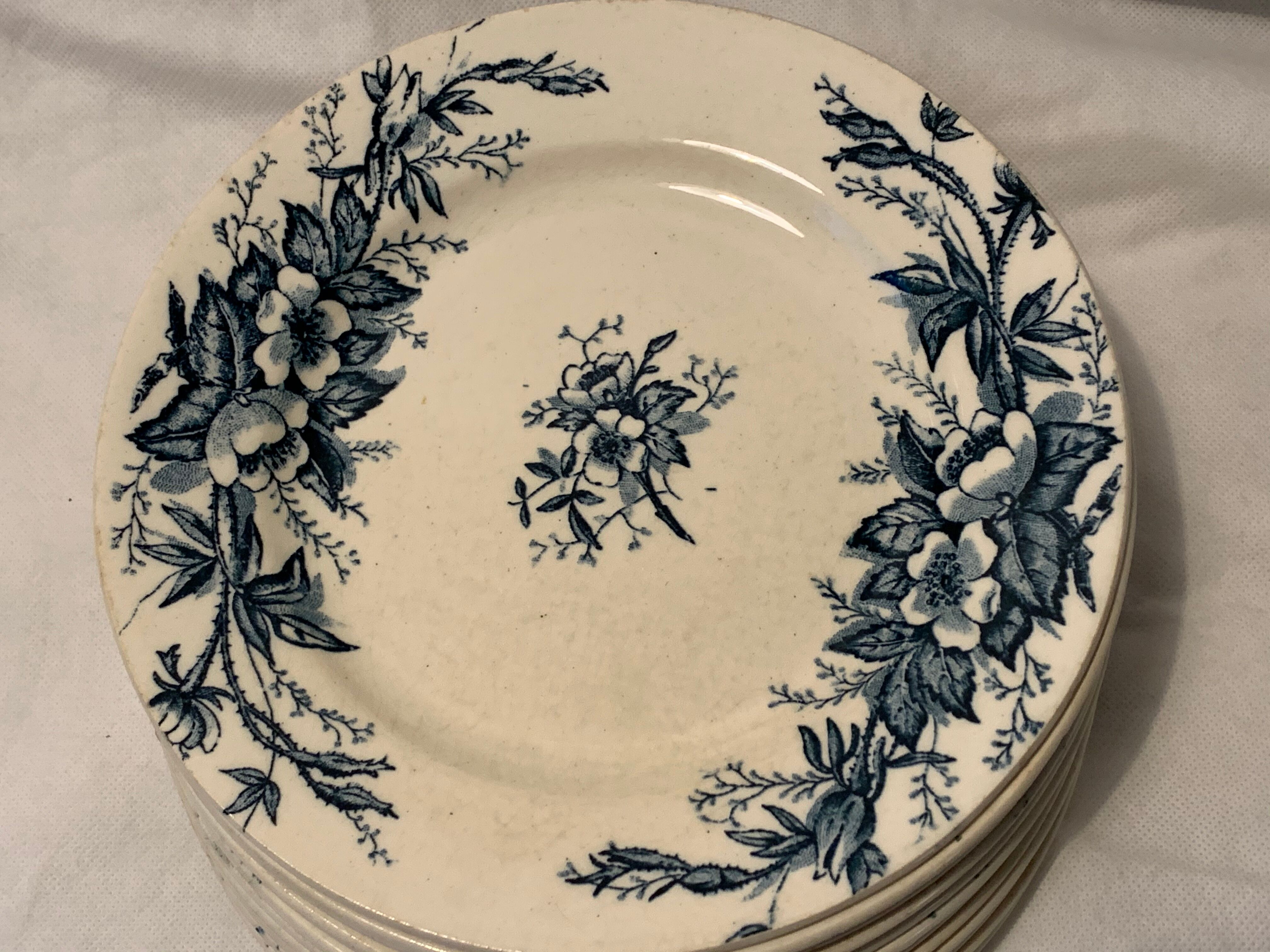 Set of 12 old blue dessert plates Eglantines, Iron Land, HB and Co.