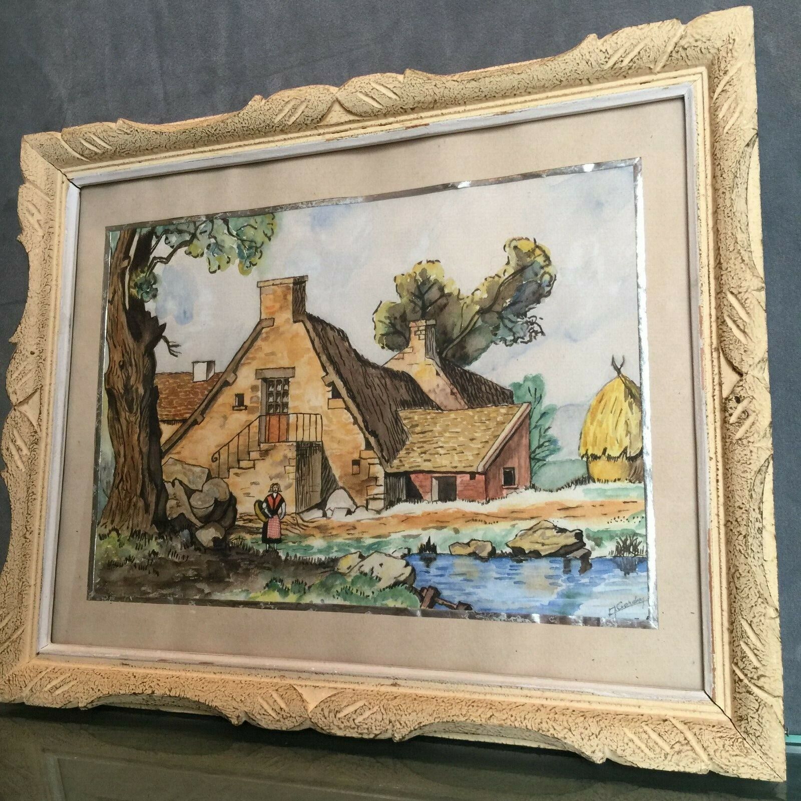 Framed painting at the cottage farmhouse farmhouse signed Corday