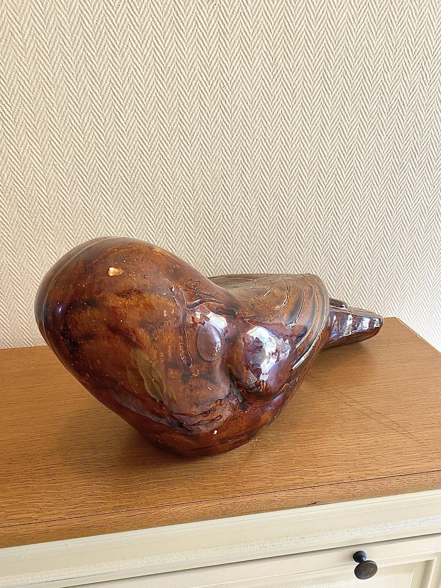 Large glazed ceramic owl sculpture signed