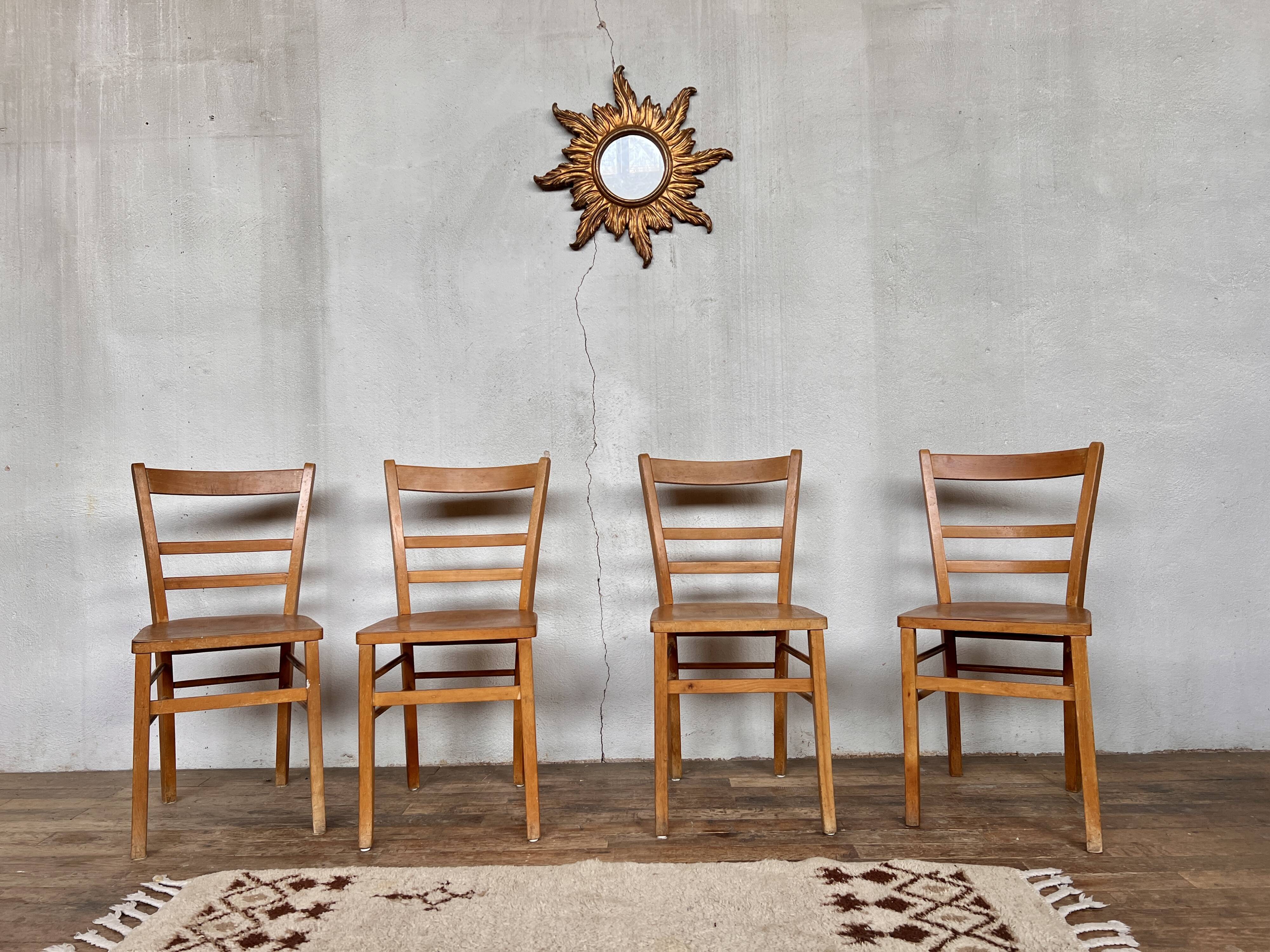 Series of 4 vintage light wood bistro chairs