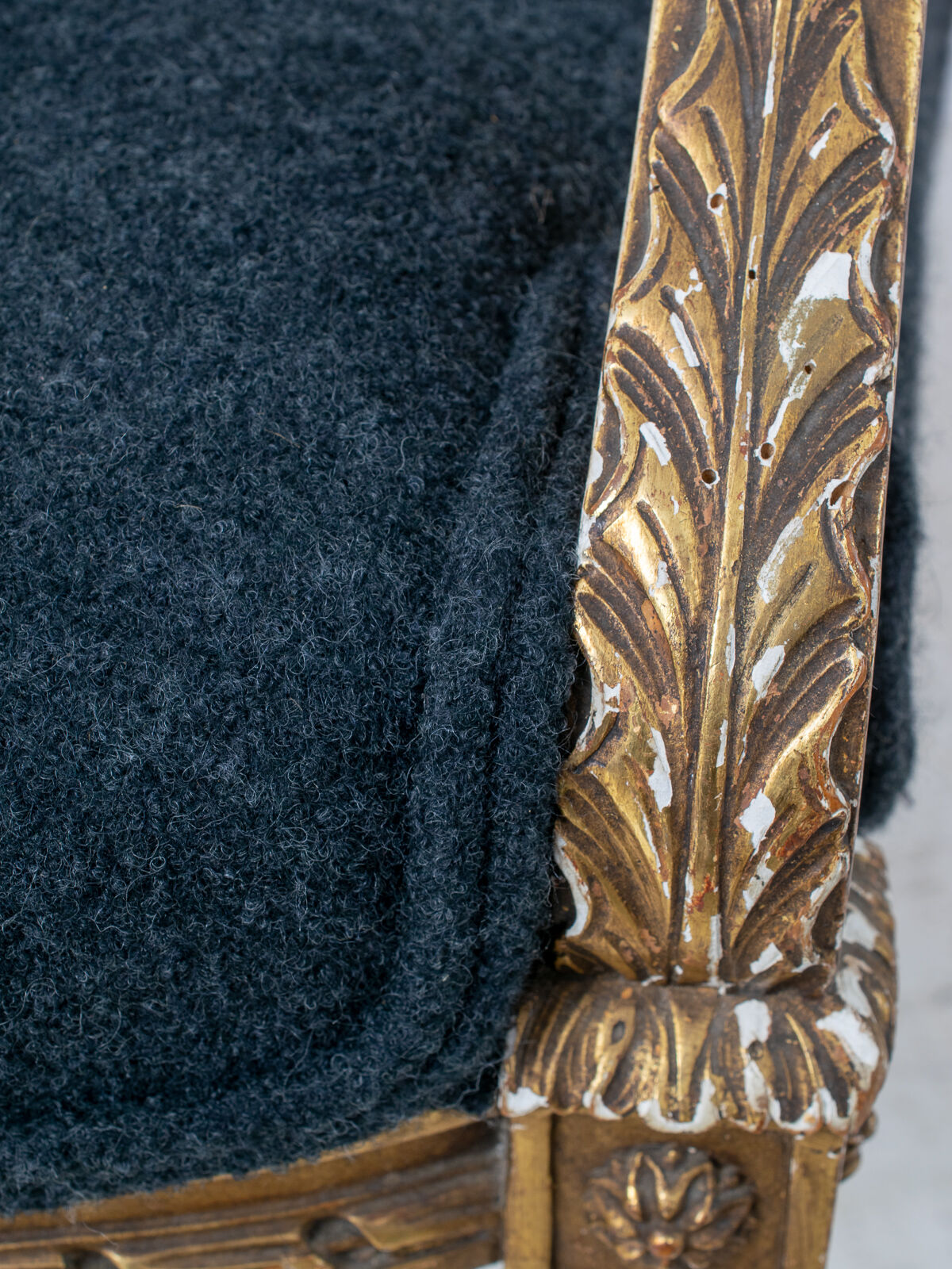 Pair of 19th century Louis XVI gilt armchairs newly re upholstered in holland and sherry fabric