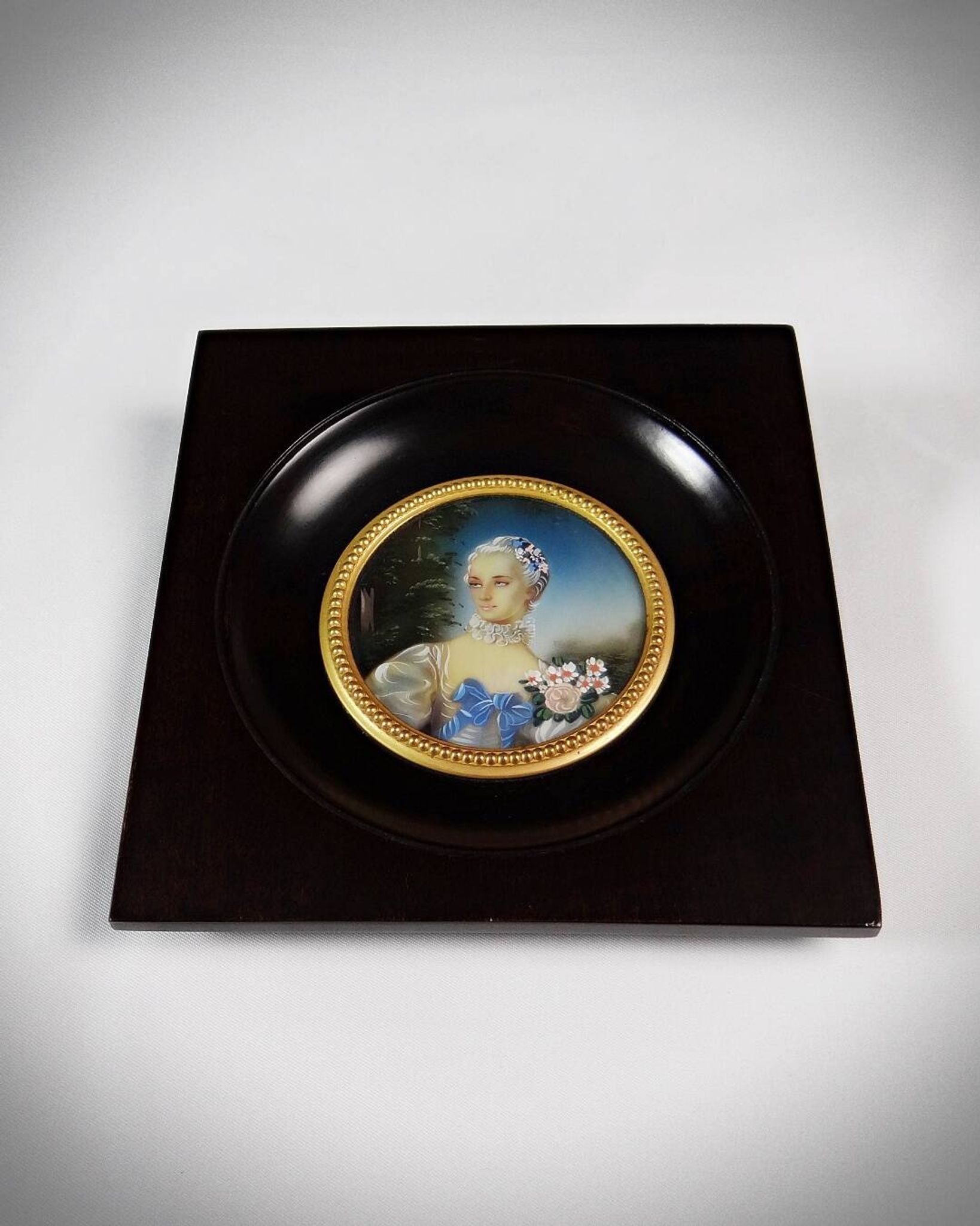 Miniature portrait of Madame Bergeret by Bouchet, hand-painted gouache, 19th century