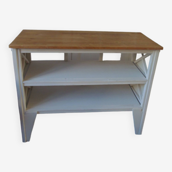 Shelf on pearl gray patinated legs, oak top.