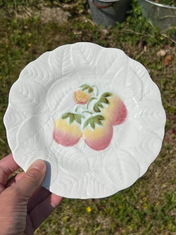Plat à tarte et deux assiettes à dessert en barbotine de Sarreguemines