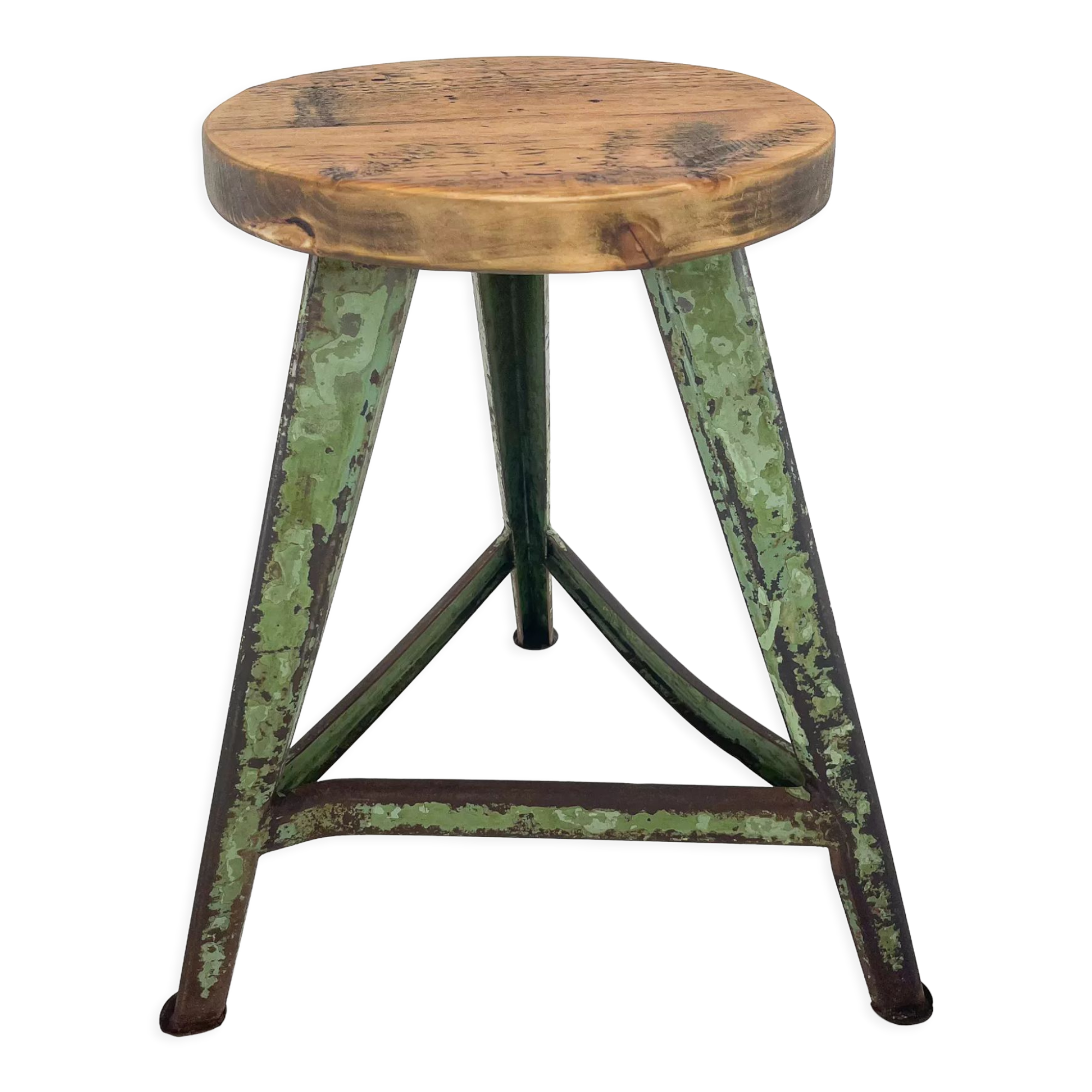 Vintage Industrial Steel & Wood Tripod Stool with Original Patina, 1950's