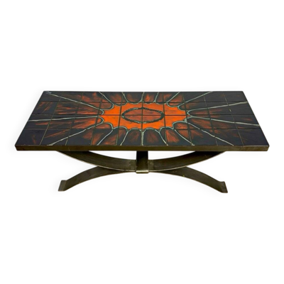 Table basse Ferlor International acier brossé et céramique années 70