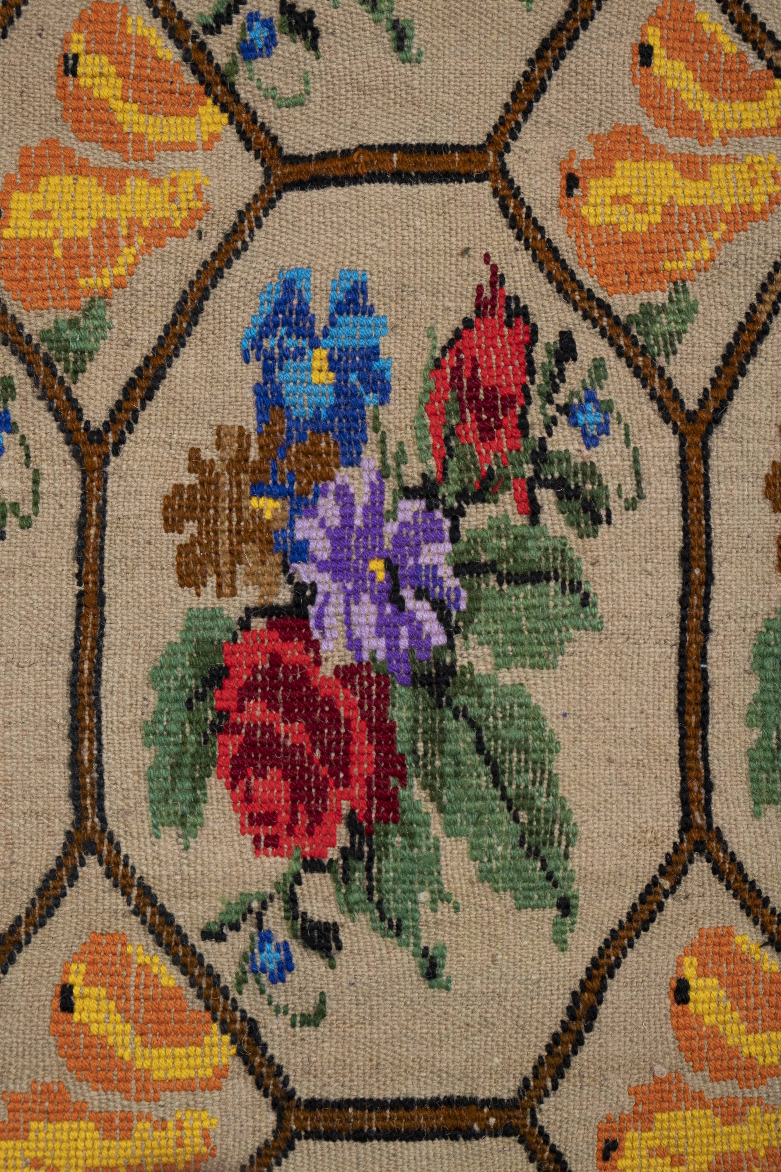 Handwoven Floral Pattern Needlepoint Kids Kilim Rug, Wall Hanging Turkish